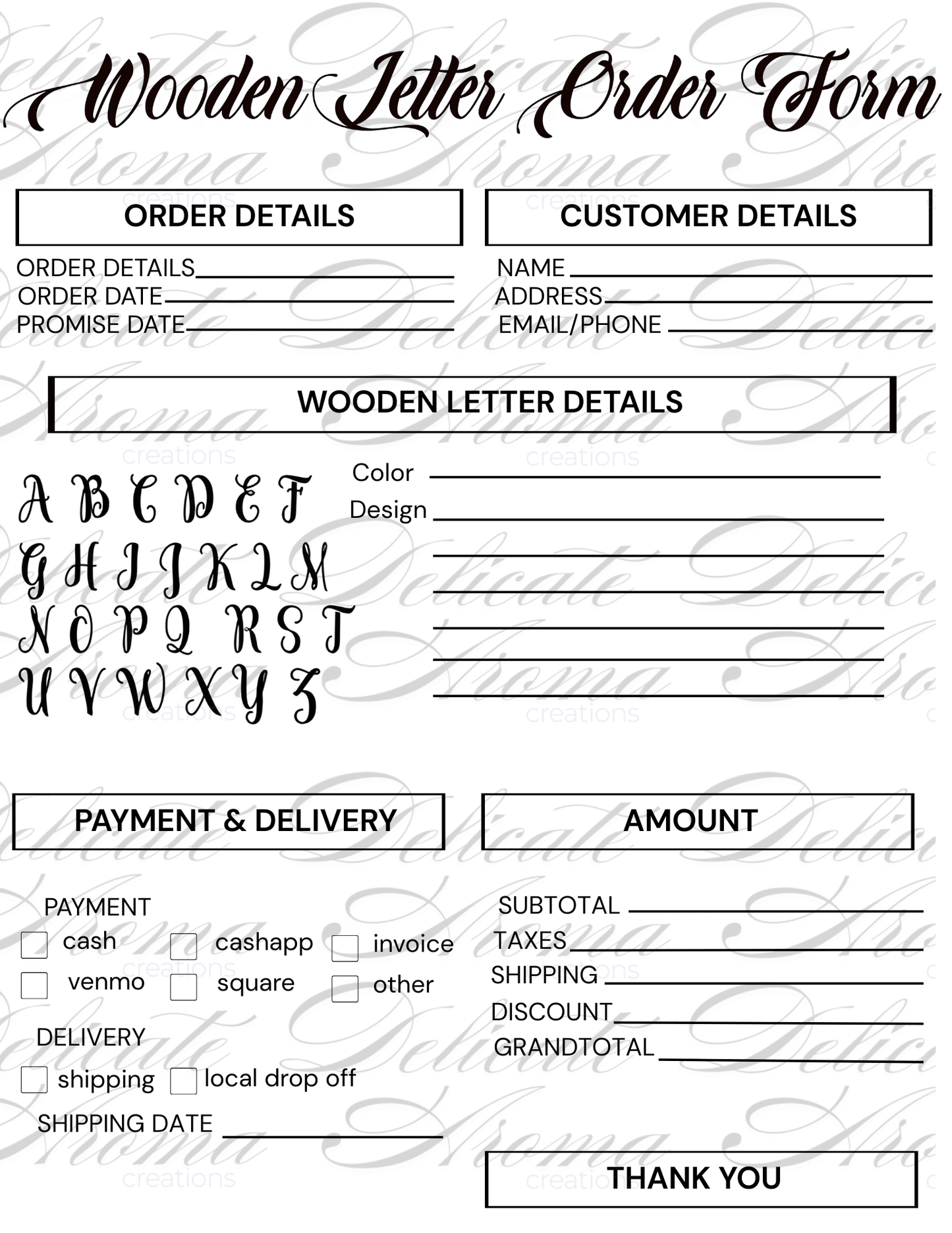 Order Forms - Delicate Aroma Creations