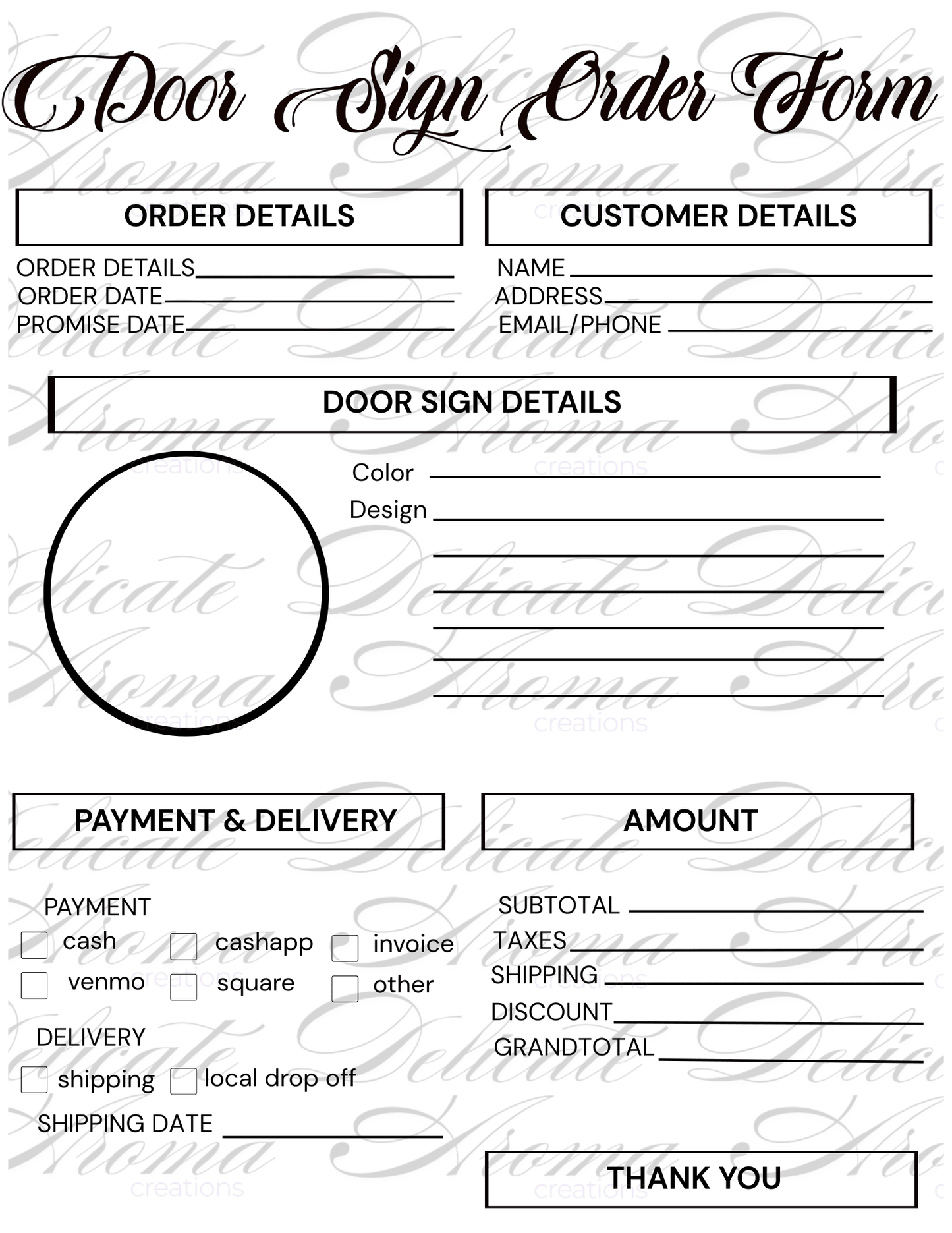 Order Forms - Delicate Aroma Creations